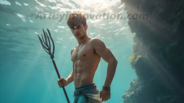 AI-generated HD photos featuring Mermen, The Warriors of the Sea. A collection of over 1,000 AI generated photo images of Mermen Warriors. Shirtless men from all age groups, with slim builds to hot and sexy, muscular body types, and from teenaged boys, to young men, to the handsome Elders. Merman warriors rising from a whirlpool, with a trident in hand, set against a stormy backdrop with dramatic lighting. Vibrant coral reefs, with detailed underwater scenes, highly realistic, with obsidian scales, that shimmer in the sunlight.