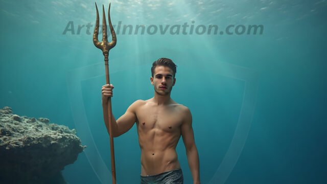 AI-generated HD photos featuring Mermen, The Warriors of the Sea. A collection of over 1,000 AI generated photo images of Mermen Warriors. Shirtless men from all age groups, with slim builds to hot and sexy, muscular body types, and from teenaged boys, to young men, to the handsome Elders. Merman warriors rising from a whirlpool, with a trident in hand, set against a stormy backdrop with dramatic lighting. Vibrant coral reefs, with detailed underwater scenes, highly realistic, with obsidian scales, that shimmer in the sunlight.