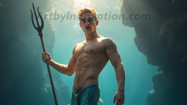 AI-generated HD photos featuring Mermen, The Warriors of the Sea. A collection of over 1,000 AI generated photo images of Mermen Warriors. Shirtless men from all age groups, with slim builds to hot and sexy, muscular body types, and from teenaged boys, to young men, to the handsome Elders. Merman warriors rising from a whirlpool, with a trident in hand, set against a stormy backdrop with dramatic lighting. Vibrant coral reefs, with detailed underwater scenes, highly realistic, with obsidian scales, that shimmer in the sunlight.