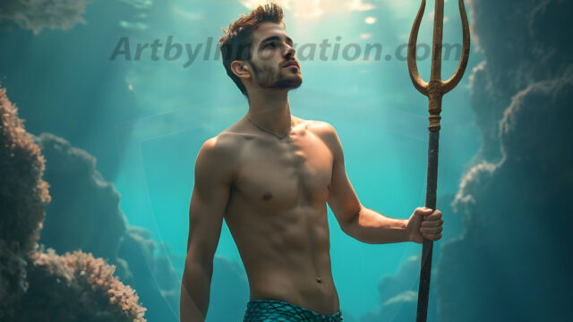 AI-generated HD photos featuring Mermen, The Warriors of the Sea. A collection of over 1,000 AI generated photo images of Mermen Warriors. Shirtless men from all age groups, with slim builds to hot and sexy, muscular body types, and from teenaged boys, to young men, to the handsome Elders. Merman warriors rising from a whirlpool, with a trident in hand, set against a stormy backdrop with dramatic lighting. Vibrant coral reefs, with detailed underwater scenes, highly realistic, with obsidian scales, that shimmer in the sunlight.