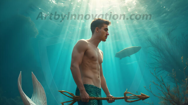 AI-generated HD photos featuring Mermen, The Warriors of the Sea. A collection of over 1,000 AI generated photo images of Mermen Warriors. Shirtless men from all age groups, with slim builds to hot and sexy, muscular body types, and from teenaged boys, to young men, to the handsome Elders. Merman warriors rising from a whirlpool, with a trident in hand, set against a stormy backdrop with dramatic lighting. Vibrant coral reefs, with detailed underwater scenes, highly realistic, with obsidian scales, that shimmer in the sunlight.