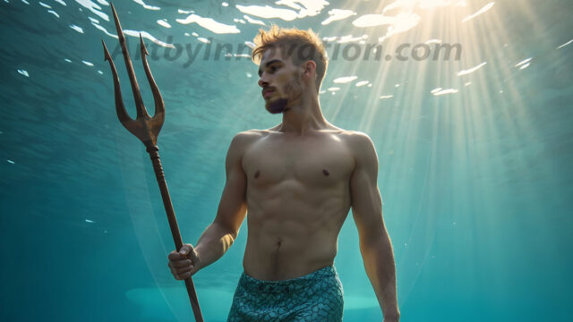 AI-generated HD photos featuring Mermen, The Warriors of the Sea. A collection of over 1,000 AI generated photo images of Mermen Warriors. Shirtless men from all age groups, with slim builds to hot and sexy, muscular body types, and from teenaged boys, to young men, to the handsome Elders. Merman warriors rising from a whirlpool, with a trident in hand, set against a stormy backdrop with dramatic lighting. Vibrant coral reefs, with detailed underwater scenes, highly realistic, with obsidian scales, that shimmer in the sunlight.
