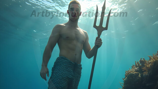 AI-generated HD photos featuring Mermen, The Warriors of the Sea. A collection of over 1,000 AI generated photo images of Mermen Warriors. Shirtless men from all age groups, with slim builds to hot and sexy, muscular body types, and from teenaged boys, to young men, to the handsome Elders. Merman warriors rising from a whirlpool, with a trident in hand, set against a stormy backdrop with dramatic lighting. Vibrant coral reefs, with detailed underwater scenes, highly realistic, with obsidian scales, that shimmer in the sunlight.
