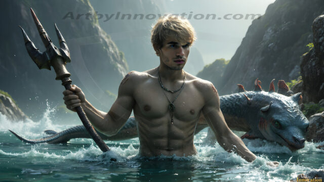 AI-generated HD photos featuring Mermen, The Warriors of the Sea. A collection of over 1,000 AI generated photo images of Mermen Warriors. Shirtless men from all age groups, with slim builds to hot and sexy, muscular body types, and from teenaged boys, to young men, to the handsome Elders. Merman warriors rising from a whirlpool, with a trident in hand, set against a stormy backdrop with dramatic lighting. Vibrant coral reefs, with detailed underwater scenes, highly realistic, with obsidian scales, that shimmer in the sunlight.