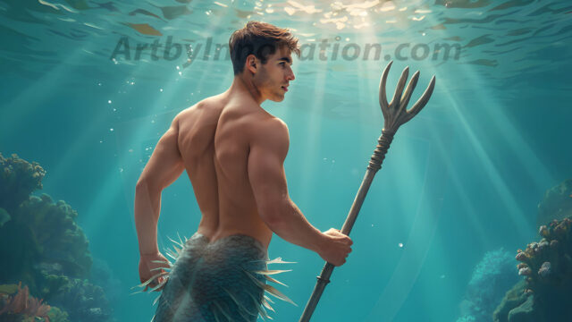 AI-generated HD photos featuring Mermen, The Warriors of the Sea. A collection of over 1,000 AI generated photo images of Mermen Warriors. Shirtless men from all age groups, with slim builds to hot and sexy, muscular body types, and from teenaged boys, to young men, to the handsome Elders. Merman warriors rising from a whirlpool, with a trident in hand, set against a stormy backdrop with dramatic lighting. Vibrant coral reefs, with detailed underwater scenes, highly realistic, with obsidian scales, that shimmer in the sunlight.