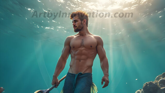 AI-generated HD photos featuring Mermen, The Warriors of the Sea. A collection of over 1,000 AI generated photo images of Mermen Warriors. Shirtless men from all age groups, with slim builds to hot and sexy, muscular body types, and from teenaged boys, to young men, to the handsome Elders. Merman warriors rising from a whirlpool, with a trident in hand, set against a stormy backdrop with dramatic lighting. Vibrant coral reefs, with detailed underwater scenes, highly realistic, with obsidian scales, that shimmer in the sunlight.
