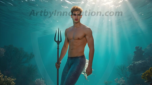 AI-generated HD photos featuring Mermen, The Warriors of the Sea. A collection of over 1,000 AI generated photo images of Mermen Warriors. Shirtless men from all age groups, with slim builds to hot and sexy, muscular body types, and from teenaged boys, to young men, to the handsome Elders. Merman warriors rising from a whirlpool, with a trident in hand, set against a stormy backdrop with dramatic lighting. Vibrant coral reefs, with detailed underwater scenes, highly realistic, with obsidian scales, that shimmer in the sunlight.