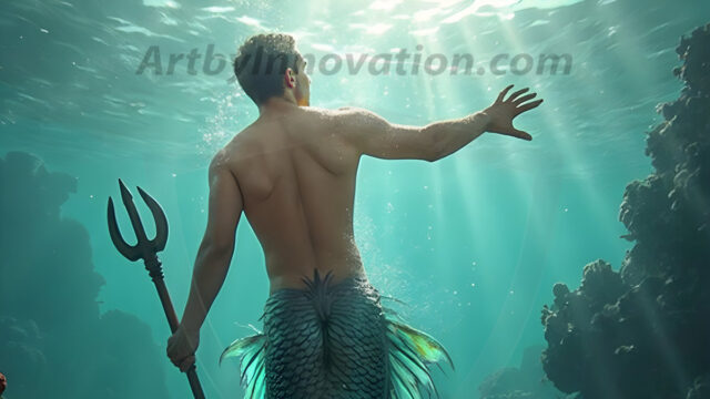 AI-generated HD photos featuring Mermen, The Warriors of the Sea. A collection of over 1,000 AI generated photo images of Mermen Warriors. Shirtless men from all age groups, with slim builds to hot and sexy, muscular body types, and from teenaged boys, to young men, to the handsome Elders. Merman warriors rising from a whirlpool, with a trident in hand, set against a stormy backdrop with dramatic lighting. Vibrant coral reefs, with detailed underwater scenes, highly realistic, with obsidian scales, that shimmer in the sunlight.