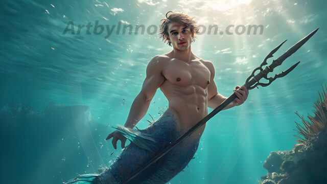 AI-generated HD photos featuring Mermen, The Warriors of the Sea. A collection of over 1,000 AI generated photo images of Mermen Warriors. Shirtless men from all age groups, with slim builds to hot and sexy, muscular body types, and from teenaged boys, to young men, to the handsome Elders. Merman warriors rising from a whirlpool, with a trident in hand, set against a stormy backdrop with dramatic lighting. Vibrant coral reefs, with detailed underwater scenes, highly realistic, with obsidian scales, that shimmer in the sunlight.