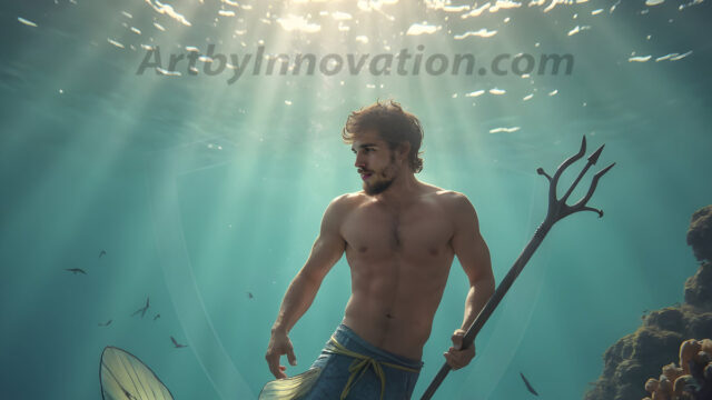 AI-generated HD photos featuring Mermen, The Warriors of the Sea. A collection of over 1,000 AI generated photo images of Mermen Warriors. Shirtless men from all age groups, with slim builds to hot and sexy, muscular body types, and from teenaged boys, to young men, to the handsome Elders. Merman warriors rising from a whirlpool, with a trident in hand, set against a stormy backdrop with dramatic lighting. Vibrant coral reefs, with detailed underwater scenes, highly realistic, with obsidian scales, that shimmer in the sunlight.