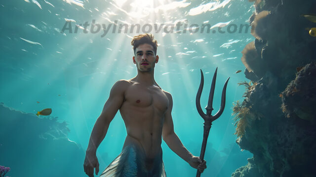 AI-generated HD photos featuring Mermen, The Warriors of the Sea. A collection of over 1,000 AI generated photo images of Mermen Warriors. Shirtless men from all age groups, with slim builds to hot and sexy, muscular body types, and from teenaged boys, to young men, to the handsome Elders. Merman warriors rising from a whirlpool, with a trident in hand, set against a stormy backdrop with dramatic lighting. Vibrant coral reefs, with detailed underwater scenes, highly realistic, with obsidian scales, that shimmer in the sunlight.