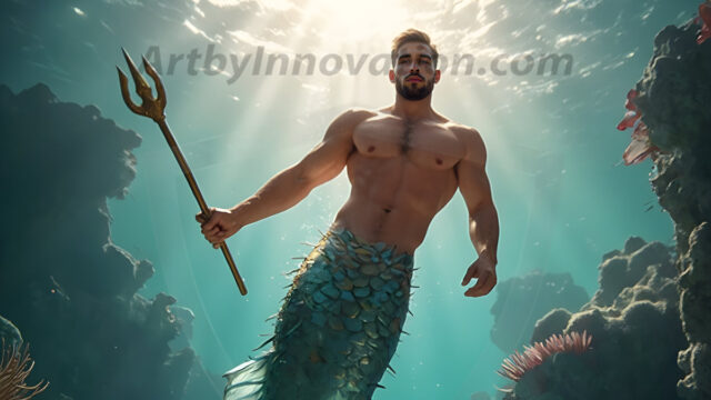 AI-generated HD photos featuring Mermen, The Warriors of the Sea. A collection of over 1,000 AI generated photo images of Mermen Warriors. Shirtless men from all age groups, with slim builds to hot and sexy, muscular body types, and from teenaged boys, to young men, to the handsome Elders. Merman warriors rising from a whirlpool, with a trident in hand, set against a stormy backdrop with dramatic lighting. Vibrant coral reefs, with detailed underwater scenes, highly realistic, with obsidian scales, that shimmer in the sunlight.