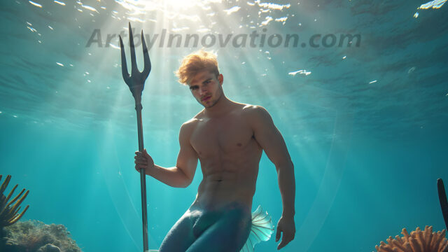 AI-generated HD photos featuring Mermen, The Warriors of the Sea. A collection of over 1,000 AI generated photo images of Mermen Warriors. Shirtless men from all age groups, with slim builds to hot and sexy, muscular body types, and from teenaged boys, to young men, to the handsome Elders. Merman warriors rising from a whirlpool, with a trident in hand, set against a stormy backdrop with dramatic lighting. Vibrant coral reefs, with detailed underwater scenes, highly realistic, with obsidian scales, that shimmer in the sunlight.