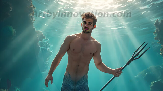 AI-generated HD photos featuring Mermen, The Warriors of the Sea. A collection of over 1,000 AI generated photo images of Mermen Warriors. Shirtless men from all age groups, with slim builds to hot and sexy, muscular body types, and from teenaged boys, to young men, to the handsome Elders. Merman warriors rising from a whirlpool, with a trident in hand, set against a stormy backdrop with dramatic lighting. Vibrant coral reefs, with detailed underwater scenes, highly realistic, with obsidian scales, that shimmer in the sunlight.