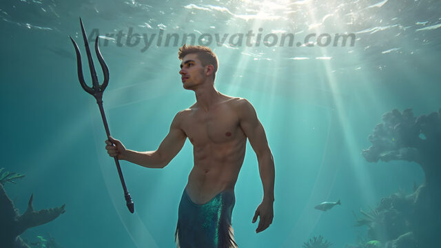 AI-generated HD photos featuring Mermen, The Warriors of the Sea. A collection of over 1,000 AI generated photo images of Mermen Warriors. Shirtless men from all age groups, with slim builds to hot and sexy, muscular body types, and from teenaged boys, to young men, to the handsome Elders. Merman warriors rising from a whirlpool, with a trident in hand, set against a stormy backdrop with dramatic lighting. Vibrant coral reefs, with detailed underwater scenes, highly realistic, with obsidian scales, that shimmer in the sunlight.