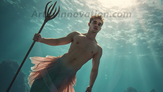 AI-generated HD photos featuring Mermen, The Warriors of the Sea. A collection of over 1,000 AI generated photo images of Mermen Warriors. Shirtless men from all age groups, with slim builds to hot and sexy, muscular body types, and from teenaged boys, to young men, to the handsome Elders. Merman warriors rising from a whirlpool, with a trident in hand, set against a stormy backdrop with dramatic lighting. Vibrant coral reefs, with detailed underwater scenes, highly realistic, with obsidian scales, that shimmer in the sunlight.