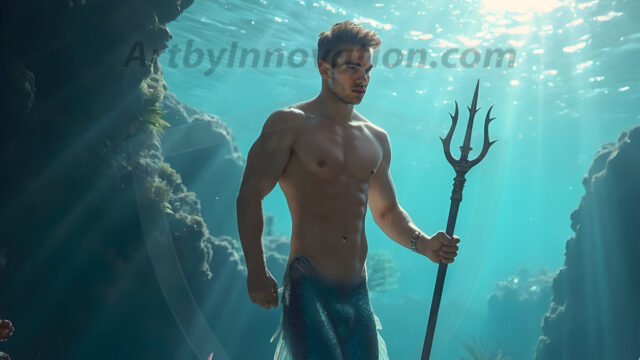 AI-generated HD photos featuring Mermen, The Warriors of the Sea. A collection of over 1,000 AI generated photo images of Mermen Warriors. Shirtless men from all age groups, with slim builds to hot and sexy, muscular body types, and from teenaged boys, to young men, to the handsome Elders. Merman warriors rising from a whirlpool, with a trident in hand, set against a stormy backdrop with dramatic lighting. Vibrant coral reefs, with detailed underwater scenes, highly realistic, with obsidian scales, that shimmer in the sunlight.