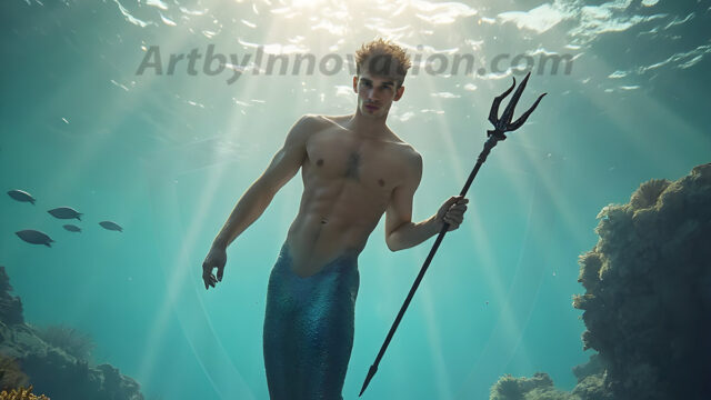 AI-generated HD photos featuring Mermen, The Warriors of the Sea. A collection of over 1,000 AI generated photo images of Mermen Warriors. Shirtless men from all age groups, with slim builds to hot and sexy, muscular body types, and from teenaged boys, to young men, to the handsome Elders. Merman warriors rising from a whirlpool, with a trident in hand, set against a stormy backdrop with dramatic lighting. Vibrant coral reefs, with detailed underwater scenes, highly realistic, with obsidian scales, that shimmer in the sunlight.