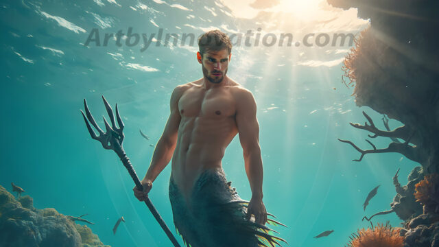 AI-generated HD photos featuring Mermen, The Warriors of the Sea. A collection of over 1,000 AI generated photo images of Mermen Warriors. Shirtless men from all age groups, with slim builds to hot and sexy, muscular body types, and from teenaged boys, to young men, to the handsome Elders. Merman warriors rising from a whirlpool, with a trident in hand, set against a stormy backdrop with dramatic lighting. Vibrant coral reefs, with detailed underwater scenes, highly realistic, with obsidian scales, that shimmer in the sunlight.