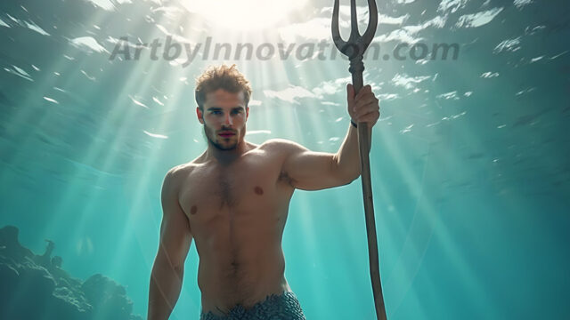 AI-generated HD photos featuring Mermen, The Warriors of the Sea. A collection of over 1,000 AI generated photo images of Mermen Warriors. Shirtless men from all age groups, with slim builds to hot and sexy, muscular body types, and from teenaged boys, to young men, to the handsome Elders. Merman warriors rising from a whirlpool, with a trident in hand, set against a stormy backdrop with dramatic lighting. Vibrant coral reefs, with detailed underwater scenes, highly realistic, with obsidian scales, that shimmer in the sunlight.