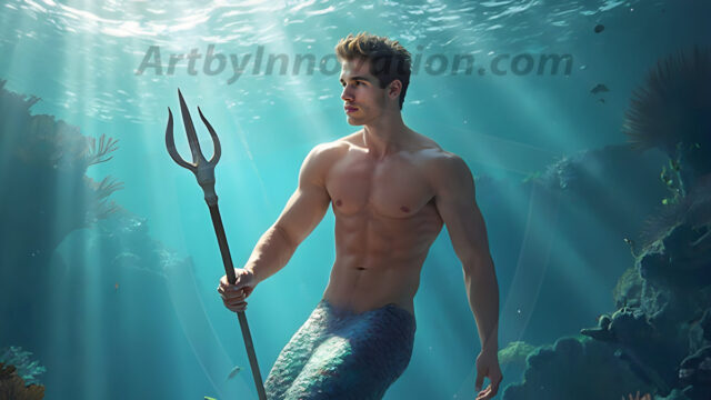 AI-generated HD photos featuring Mermen, The Warriors of the Sea. A collection of over 1,000 AI generated photo images of Mermen Warriors. Shirtless men from all age groups, with slim builds to hot and sexy, muscular body types, and from teenaged boys, to young men, to the handsome Elders. Merman warriors rising from a whirlpool, with a trident in hand, set against a stormy backdrop with dramatic lighting. Vibrant coral reefs, with detailed underwater scenes, highly realistic, with obsidian scales, that shimmer in the sunlight.