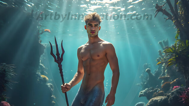 AI-generated HD photos featuring Mermen, The Warriors of the Sea. A collection of over 1,000 AI generated photo images of Mermen Warriors. Shirtless men from all age groups, with slim builds to hot and sexy, muscular body types, and from teenaged boys, to young men, to the handsome Elders. Merman warriors rising from a whirlpool, with a trident in hand, set against a stormy backdrop with dramatic lighting. Vibrant coral reefs, with detailed underwater scenes, highly realistic, with obsidian scales, that shimmer in the sunlight.