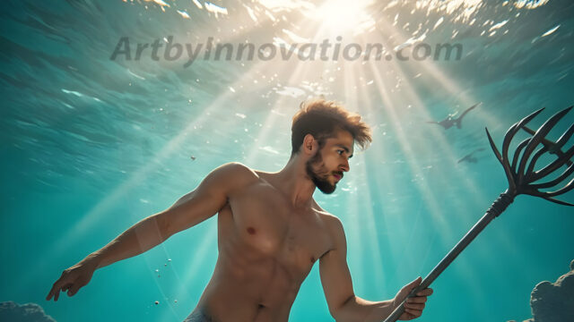 AI-generated HD photos featuring Mermen, The Warriors of the Sea. A collection of over 1,000 AI generated photo images of Mermen Warriors. Shirtless men from all age groups, with slim builds to hot and sexy, muscular body types, and from teenaged boys, to young men, to the handsome Elders. Merman warriors rising from a whirlpool, with a trident in hand, set against a stormy backdrop with dramatic lighting. Vibrant coral reefs, with detailed underwater scenes, highly realistic, with obsidian scales, that shimmer in the sunlight.