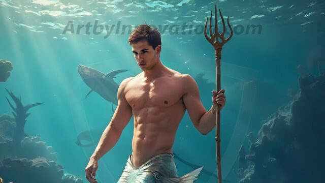 AI-generated HD photos featuring Mermen, The Warriors of the Sea. A collection of over 1,000 AI generated photo images of Mermen Warriors. Shirtless men from all age groups, with slim builds to hot and sexy, muscular body types, and from teenaged boys, to young men, to the handsome Elders. Merman warriors rising from a whirlpool, with a trident in hand, set against a stormy backdrop with dramatic lighting. Vibrant coral reefs, with detailed underwater scenes, highly realistic, with obsidian scales, that shimmer in the sunlight.