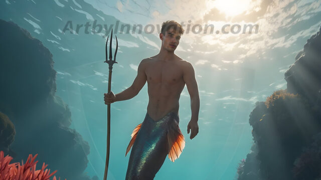 AI-generated HD photos featuring Mermen, The Warriors of the Sea. A collection of over 1,000 AI generated photo images of Mermen Warriors. Shirtless men from all age groups, with slim builds to hot and sexy, muscular body types, and from teenaged boys, to young men, to the handsome Elders. Merman warriors rising from a whirlpool, with a trident in hand, set against a stormy backdrop with dramatic lighting. Vibrant coral reefs, with detailed underwater scenes, highly realistic, with obsidian scales, that shimmer in the sunlight.
