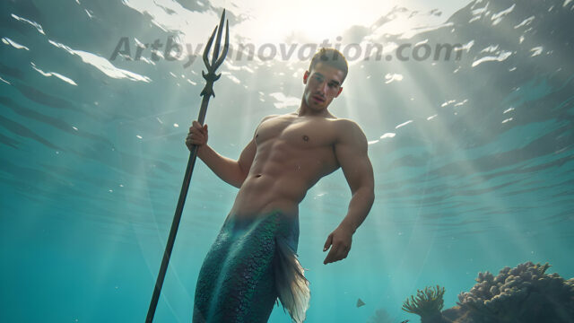 AI-generated HD photos featuring Mermen, The Warriors of the Sea. A collection of over 1,000 AI generated photo images of Mermen Warriors. Shirtless men from all age groups, with slim builds to hot and sexy, muscular body types, and from teenaged boys, to young men, to the handsome Elders. Merman warriors rising from a whirlpool, with a trident in hand, set against a stormy backdrop with dramatic lighting. Vibrant coral reefs, with detailed underwater scenes, highly realistic, with obsidian scales, that shimmer in the sunlight.