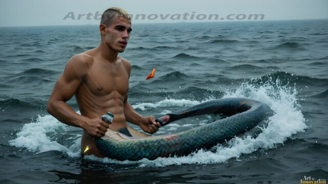AI-generated HD photos featuring Mermen, The Warriors of the Sea. A collection of over 1,000 AI generated photo images of Mermen Warriors. Shirtless men from all age groups, with slim builds to hot and sexy, muscular body types, and from teenaged boys, to young men, to the handsome Elders. Merman warriors rising from a whirlpool, with a trident in hand, set against a stormy backdrop with dramatic lighting. Vibrant coral reefs, with detailed underwater scenes, highly realistic, with obsidian scales, that shimmer in the sunlight.