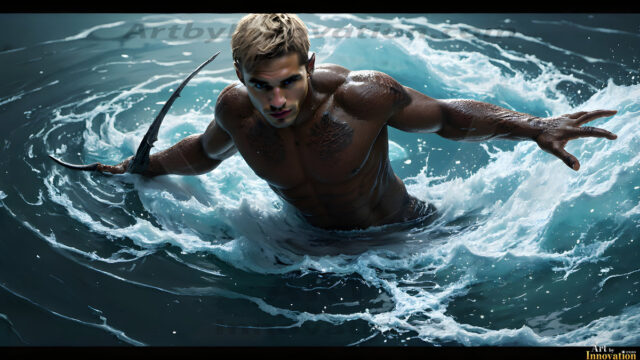 AI-generated HD photos featuring Mermen, The Warriors of the Sea. A collection of over 1,000 AI generated photo images of Mermen Warriors. Shirtless men from all age groups, with slim builds to hot and sexy, muscular body types, and from teenaged boys, to young men, to the handsome Elders. Merman warriors rising from a whirlpool, with a trident in hand, set against a stormy backdrop with dramatic lighting. Vibrant coral reefs, with detailed underwater scenes, highly realistic, with obsidian scales, that shimmer in the sunlight.