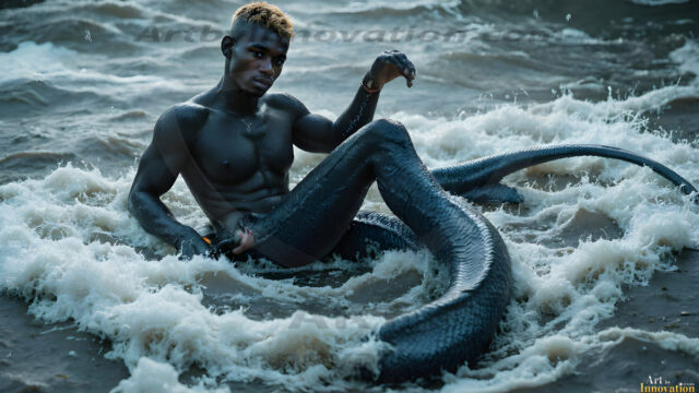 AI-generated HD photos featuring Mermen, The Warriors of the Sea. A collection of over 1,000 AI generated photo images of Mermen Warriors. Shirtless men from all age groups, with slim builds to hot and sexy, muscular body types, and from teenaged boys, to young men, to the handsome Elders. Merman warriors rising from a whirlpool, with a trident in hand, set against a stormy backdrop with dramatic lighting. Vibrant coral reefs, with detailed underwater scenes, highly realistic, with obsidian scales, that shimmer in the sunlight.