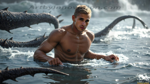 AI-generated HD photos featuring Mermen, The Warriors of the Sea. A collection of over 1,000 AI generated photo images of Mermen Warriors. Shirtless men from all age groups, with slim builds to hot and sexy, muscular body types, and from teenaged boys, to young men, to the handsome Elders. Merman warriors rising from a whirlpool, with a trident in hand, set against a stormy backdrop with dramatic lighting. Vibrant coral reefs, with detailed underwater scenes, highly realistic, with obsidian scales, that shimmer in the sunlight.