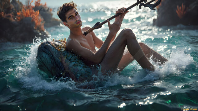 AI-generated HD photos featuring Mermen, The Warriors of the Sea. A collection of over 1,000 AI generated photo images of Mermen Warriors. Shirtless men from all age groups, with slim builds to hot and sexy, muscular body types, and from teenaged boys, to young men, to the handsome Elders. Merman warriors rising from a whirlpool, with a trident in hand, set against a stormy backdrop with dramatic lighting. Vibrant coral reefs, with detailed underwater scenes, highly realistic, with obsidian scales, that shimmer in the sunlight.