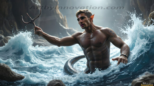 AI-generated HD photos featuring Mermen, The Warriors of the Sea. A collection of over 1,000 AI generated photo images of Mermen Warriors. Shirtless men from all age groups, with slim builds to hot and sexy, muscular body types, and from teenaged boys, to young men, to the handsome Elders. Merman warriors rising from a whirlpool, with a trident in hand, set against a stormy backdrop with dramatic lighting. Vibrant coral reefs, with detailed underwater scenes, highly realistic, with obsidian scales, that shimmer in the sunlight.