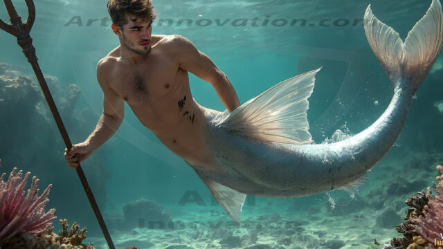 AI-generated HD photos featuring Mermen, The Warriors of the Sea. A collection of over 1,000 AI generated photo images of Mermen Warriors. Shirtless men from all age groups, with slim builds to hot and sexy, muscular body types, and from teenaged boys, to young men, to the handsome Elders. Merman warriors rising from a whirlpool, with a trident in hand, set against a stormy backdrop with dramatic lighting. Vibrant coral reefs, with detailed underwater scenes, highly realistic, with obsidian scales, that shimmer in the sunlight.