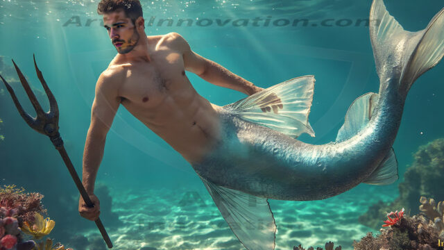 AI-generated HD photos featuring Mermen, The Warriors of the Sea. A collection of over 1,000 AI generated photo images of Mermen Warriors. Shirtless men from all age groups, with slim builds to hot and sexy, muscular body types, and from teenaged boys, to young men, to the handsome Elders. Merman warriors rising from a whirlpool, with a trident in hand, set against a stormy backdrop with dramatic lighting. Vibrant coral reefs, with detailed underwater scenes, highly realistic, with obsidian scales, that shimmer in the sunlight.