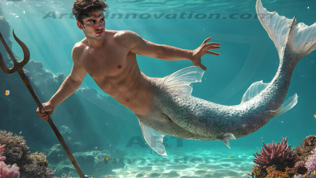 AI-generated HD photos featuring Mermen, The Warriors of the Sea. A collection of over 1,000 AI generated photo images of Mermen Warriors. Shirtless men from all age groups, with slim builds to hot and sexy, muscular body types, and from teenaged boys, to young men, to the handsome Elders. Merman warriors rising from a whirlpool, with a trident in hand, set against a stormy backdrop with dramatic lighting. Vibrant coral reefs, with detailed underwater scenes, highly realistic, with obsidian scales, that shimmer in the sunlight.