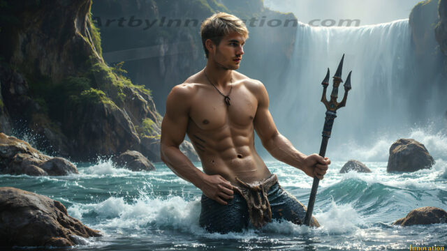 AI-generated HD photos featuring Mermen, The Warriors of the Sea. A collection of over 1,000 AI generated photo images of Mermen Warriors. Shirtless men from all age groups, with slim builds to hot and sexy, muscular body types, and from teenaged boys, to young men, to the handsome Elders. Merman warriors rising from a whirlpool, with a trident in hand, set against a stormy backdrop with dramatic lighting. Vibrant coral reefs, with detailed underwater scenes, highly realistic, with obsidian scales, that shimmer in the sunlight.