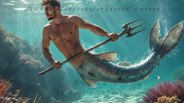 AI-generated HD photos featuring Mermen, The Warriors of the Sea. A collection of over 1,000 AI generated photo images of Mermen Warriors. Shirtless men from all age groups, with slim builds to hot and sexy, muscular body types, and from teenaged boys, to young men, to the handsome Elders. Merman warriors rising from a whirlpool, with a trident in hand, set against a stormy backdrop with dramatic lighting. Vibrant coral reefs, with detailed underwater scenes, highly realistic, with obsidian scales, that shimmer in the sunlight.