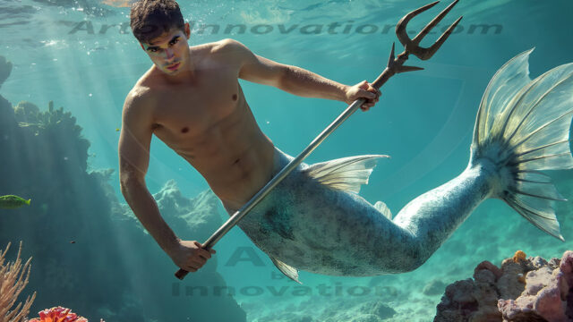 AI-generated HD photos featuring Mermen, The Warriors of the Sea. A collection of over 1,000 AI generated photo images of Mermen Warriors. Shirtless men from all age groups, with slim builds to hot and sexy, muscular body types, and from teenaged boys, to young men, to the handsome Elders. Merman warriors rising from a whirlpool, with a trident in hand, set against a stormy backdrop with dramatic lighting. Vibrant coral reefs, with detailed underwater scenes, highly realistic, with obsidian scales, that shimmer in the sunlight.