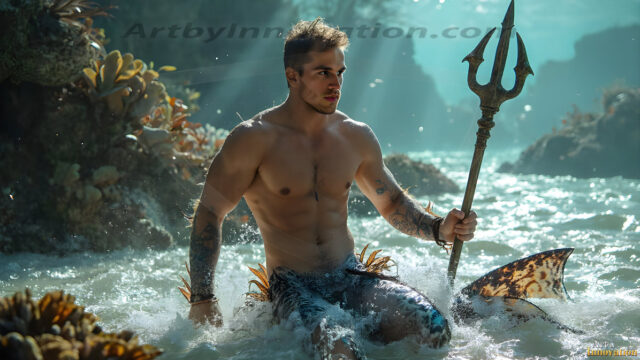 AI-generated HD photos featuring Mermen, The Warriors of the Sea. A collection of over 1,000 AI generated photo images of Mermen Warriors. Shirtless men from all age groups, with slim builds to hot and sexy, muscular body types, and from teenaged boys, to young men, to the handsome Elders. Merman warriors rising from a whirlpool, with a trident in hand, set against a stormy backdrop with dramatic lighting. Vibrant coral reefs, with detailed underwater scenes, highly realistic, with obsidian scales, that shimmer in the sunlight.