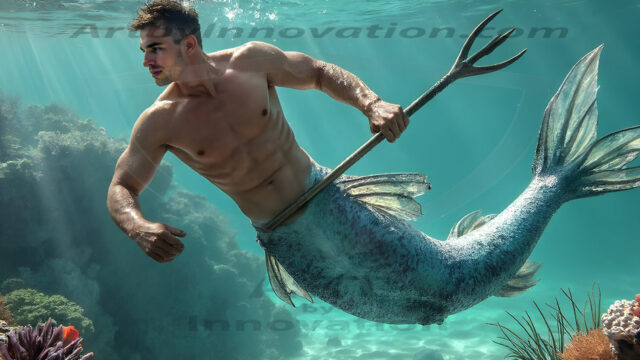 AI-generated HD photos featuring Mermen, The Warriors of the Sea. A collection of over 1,000 AI generated photo images of Mermen Warriors. Shirtless men from all age groups, with slim builds to hot and sexy, muscular body types, and from teenaged boys, to young men, to the handsome Elders. Merman warriors rising from a whirlpool, with a trident in hand, set against a stormy backdrop with dramatic lighting. Vibrant coral reefs, with detailed underwater scenes, highly realistic, with obsidian scales, that shimmer in the sunlight.