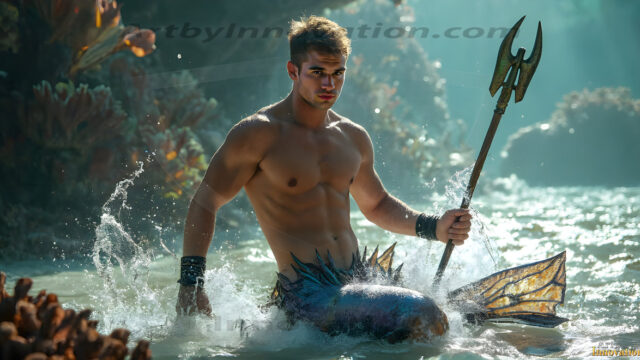 AI-generated HD photos featuring Mermen, The Warriors of the Sea. A collection of over 1,000 AI generated photo images of Mermen Warriors. Shirtless men from all age groups, with slim builds to hot and sexy, muscular body types, and from teenaged boys, to young men, to the handsome Elders. Merman warriors rising from a whirlpool, with a trident in hand, set against a stormy backdrop with dramatic lighting. Vibrant coral reefs, with detailed underwater scenes, highly realistic, with obsidian scales, that shimmer in the sunlight.