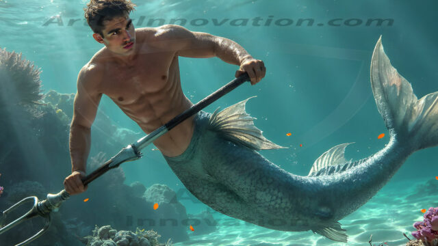 AI-generated HD photos featuring Mermen, The Warriors of the Sea. A collection of over 1,000 AI generated photo images of Mermen Warriors. Shirtless men from all age groups, with slim builds to hot and sexy, muscular body types, and from teenaged boys, to young men, to the handsome Elders. Merman warriors rising from a whirlpool, with a trident in hand, set against a stormy backdrop with dramatic lighting. Vibrant coral reefs, with detailed underwater scenes, highly realistic, with obsidian scales, that shimmer in the sunlight.