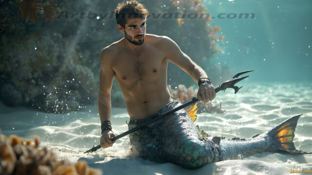 AI-generated HD photos featuring Mermen, The Warriors of the Sea. A collection of over 1,000 AI generated photo images of Mermen Warriors. Shirtless men from all age groups, with slim builds to hot and sexy, muscular body types, and from teenaged boys, to young men, to the handsome Elders. Merman warriors rising from a whirlpool, with a trident in hand, set against a stormy backdrop with dramatic lighting. Vibrant coral reefs, with detailed underwater scenes, highly realistic, with obsidian scales, that shimmer in the sunlight.