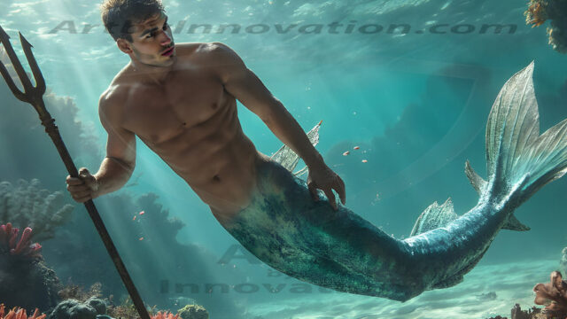 AI-generated HD photos featuring Mermen, The Warriors of the Sea. A collection of over 1,000 AI generated photo images of Mermen Warriors. Shirtless men from all age groups, with slim builds to hot and sexy, muscular body types, and from teenaged boys, to young men, to the handsome Elders. Merman warriors rising from a whirlpool, with a trident in hand, set against a stormy backdrop with dramatic lighting. Vibrant coral reefs, with detailed underwater scenes, highly realistic, with obsidian scales, that shimmer in the sunlight.