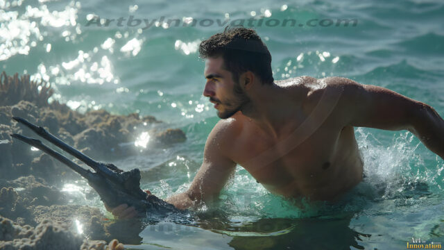 AI-generated HD photos featuring Mermen, The Warriors of the Sea. A collection of over 1,000 AI generated photo images of Mermen Warriors. Shirtless men from all age groups, with slim builds to hot and sexy, muscular body types, and from teenaged boys, to young men, to the handsome Elders. Merman warriors rising from a whirlpool, with a trident in hand, set against a stormy backdrop with dramatic lighting. Vibrant coral reefs, with detailed underwater scenes, highly realistic, with obsidian scales, that shimmer in the sunlight.