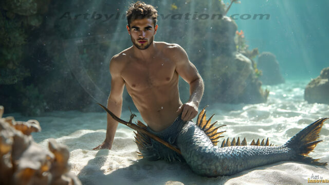 AI-generated HD photos featuring Mermen, The Warriors of the Sea. A collection of over 1,000 AI generated photo images of Mermen Warriors. Shirtless men from all age groups, with slim builds to hot and sexy, muscular body types, and from teenaged boys, to young men, to the handsome Elders. Merman warriors rising from a whirlpool, with a trident in hand, set against a stormy backdrop with dramatic lighting. Vibrant coral reefs, with detailed underwater scenes, highly realistic, with obsidian scales, that shimmer in the sunlight.